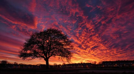 Silhouette tree against fiery sunset sky