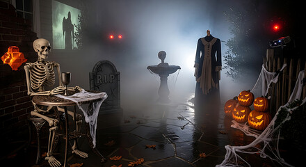 Spooky halloween scene with skeleton, pumpkins, tombstone, fountain, and headless figure in fog ai generated