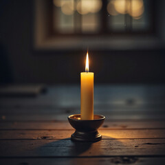 Single lit candle on wooden surface, quiet reflection