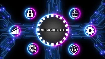 NFT Marketplace Concept with Digital Circuitry and Icons nft marketplace non-fungible token - Powered by Adobe