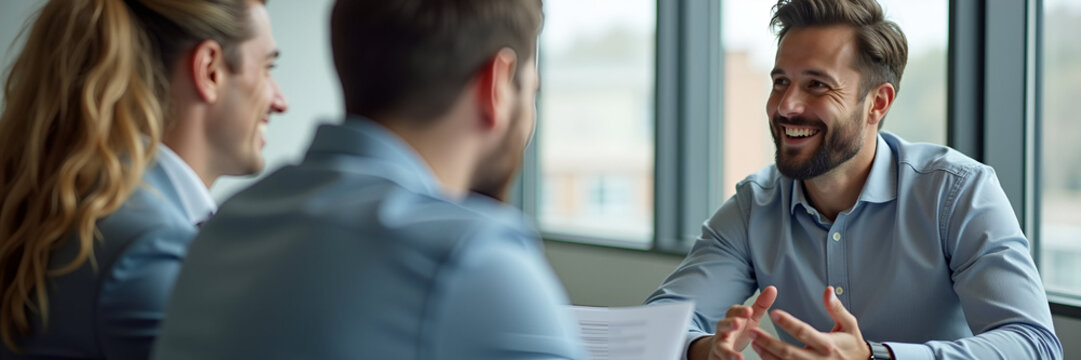 Professional young business man manager financial advisor consulting client having conversation sitting at work meeting. Two busy happy diverse male employees checking documents talking in office. con