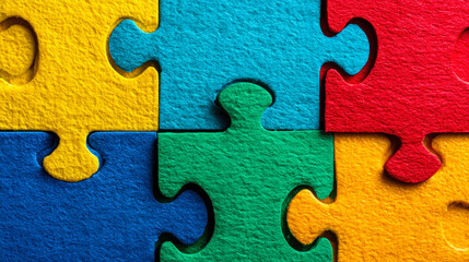 Close Up Of Colorful Puzzle Pieces Symbol For Autism Awareness In Yellow Blue Green And Red. Autism Puzzle Closeup