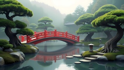Japanese Bridge in Serene Setting &mdash; red arch over koi pond, surrounded by cherry trees and stone lanterns, ideal for oriental landscaping projects, meditative scenes, or cultural travel inspiration.