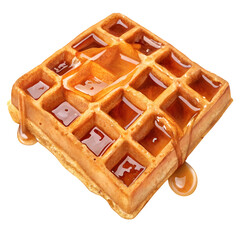 Golden brown square waffle with sweet syrup dripping down the sides isolated on transparent background