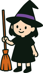 Happy Child Dressed as Witch with Broom Cartoon Vector Illustration