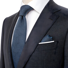 Elegant dark blue patterned tie and pocket square with a textured suit jacket isolated on transparent background