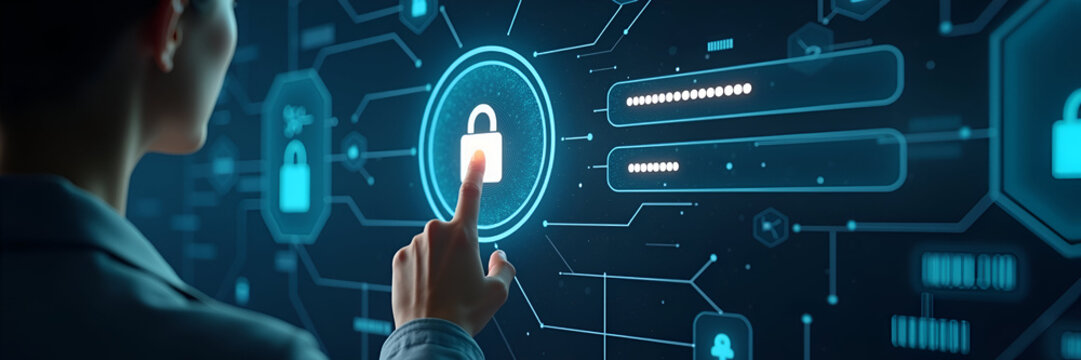 Woman entering username and password on holographic interface displaying secure padlock and encryption symbols representing data protection and cybersecurity in empty space concept as Woman enters use