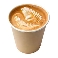 A detailed close up of a hot latte coffee in a disposable paper cup with intricate latte art of fern leaves isolated on transparent background