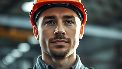 Male technician in a safety helmet, focused expression with soft lighting against an industrial backdrop.
