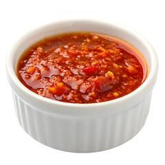 A small white ramekin filled with a vibrant red spicy chili garlic sauce isolated on transparent background