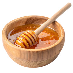 Golden honey dripping from a wooden dipper into a rustic wooden bowl isolated on transparent background