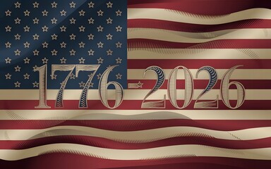 American flag 1776 2026 semiquincentennial poster with vintage numerals and waving stars and stripes background, high-res patriotic artwork for banners, posters, promotions and commemoration