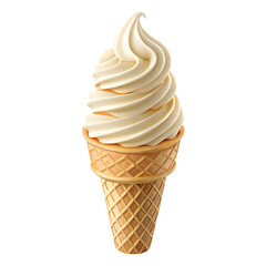 A delicious vanilla soft serve ice cream cone with a crispy waffle cone isolated on transparent background