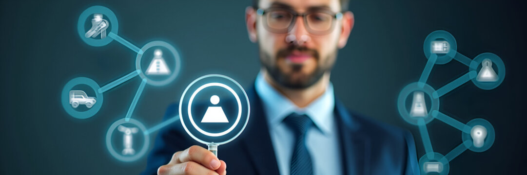 A businessman inspecting work safety icons with a magnifying glass, emphasizing compliance and risk management concepts, structured to include significant copy space for relevant content.