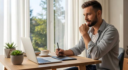 Thoughtful man working remotely with laptop, coffee, and stylus in bright home office.