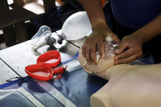 Hands perform chest compressions resuscitation manikin during critical first aid course. Medical training emphasizes life saving skills for emergency situations, preparing individuals to respond