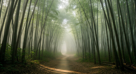 A misty bamboo forest with a narrow path