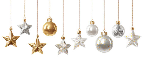 PNG set of hanging christmas decorations, gold and silver stars and balls isolated on a transparent