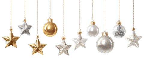PNG set of hanging christmas decorations, gold and silver stars and balls isolated on a transparent