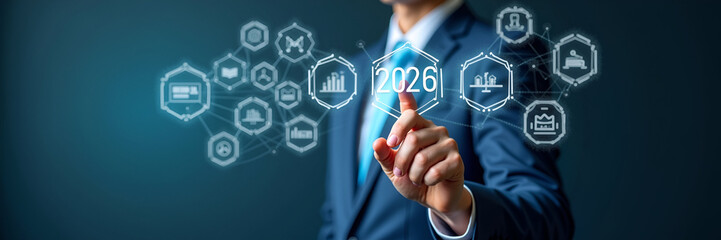 Obraz premium A digital roadmap highlights future years, like 2026, with an interactive hand guiding through various strategic plans, accented by ample copy space for additional details.