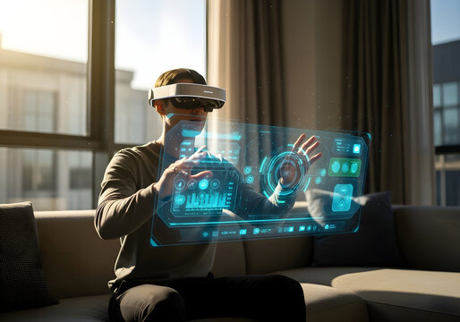 Man using virtual reality headset with glowing holographic interface at home, future technology concept.