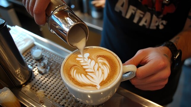 Latte art creation in progress.  A barista expertly pours steamed milk atop a latte, decorating it with a beautiful leaf-like pattern