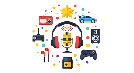Collection of retro and modern audio and gaming devices