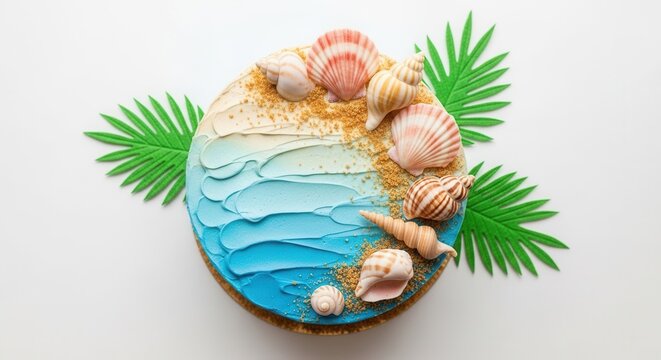 A beach-themed cake with ombre blue and beige frosting edible seashells and sand set on a white background with green leaf cutouts - Powered by Adobe