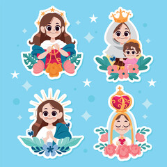 Sticker Collection of Virgin Mary Illustrations with Decorative Floral Elements