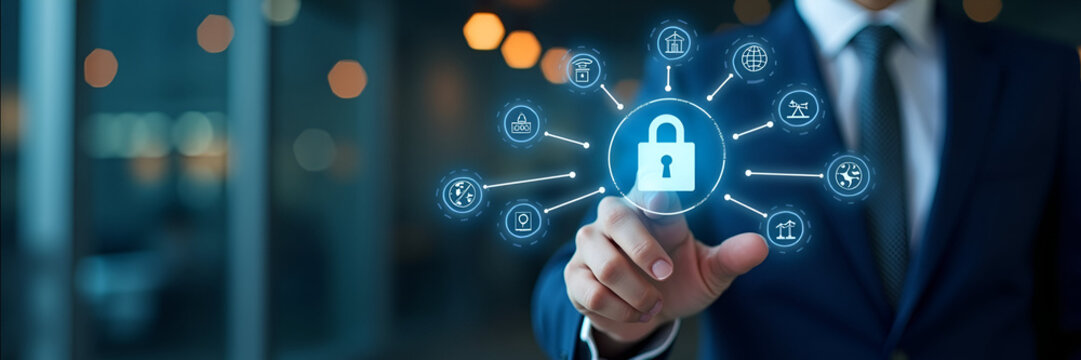 A businessman creating a digital interface that showcases trademarks and intellectual property protection, incorporating legal icons to represent security and innovation in a professional setting. Sui
