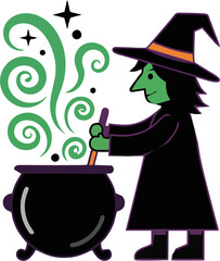 Green Witch Stirring Cauldron &ndash; Halloween Cartoon Vector Illustration