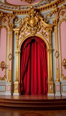 Elegant theater stage with rich red curtain and ornate gold detailing in a beautifully designed vintage interior setting