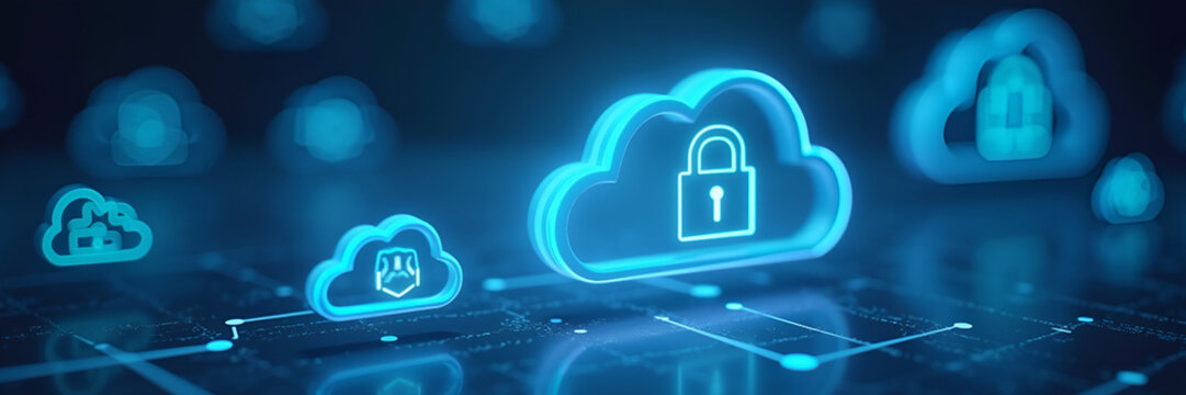 Floating icons of interconnected cloud systems and secure storage, representing cloud services in a modern digital landscape. Composition provides generous copy space opportunity.