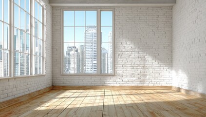 Empty room with large windows, city view, white brick walls, and light wooden floor