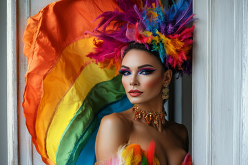 Drag queen dressed in pride colors, embodying the moment of coming out, pride flag outfit, self-disclosure, coming out moment, pride fashion, white wooden door, self acceptance, diversity