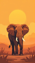 Fototapeta premium Elephant Walking Across Desert with Sunset Silhouette Vector Illustrations