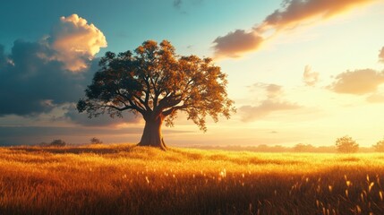 Fototapeta premium Golden hour landscape, solitary tree in a field