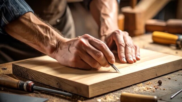 Skilled Carpenter Carving Wood in Workshop