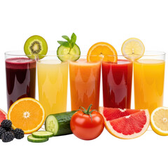 Assortment of fresh juices and fruits on a transparent background