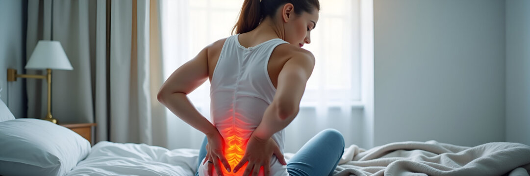 A woman seated in bed, holding her lower back in discomfort, illustrating chronic back pain in a relatable context, with space for healthcare messaging.