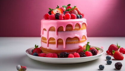 Delicious Layered Cake Topped With Fresh Berries And A Vibrant Pink Glaze Perfect For Celebrations And Dessert Lovers