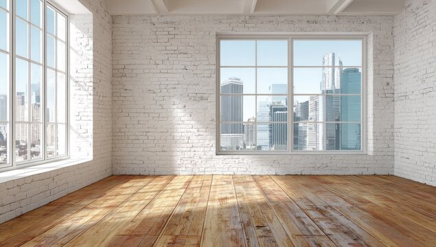 Empty loft room with city view