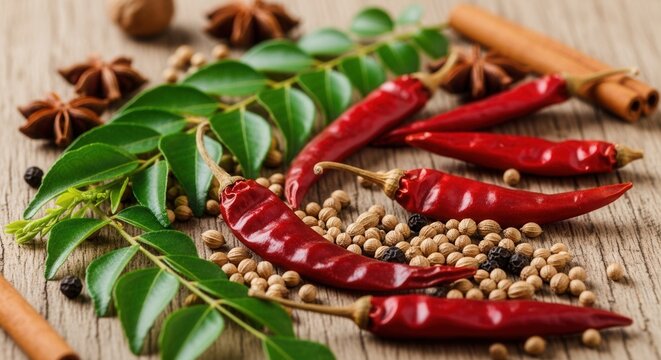 A close-up of red chili peppers green curry leaves and various spices like coriander seeds star anise and cinnamon sticks on a wooden surface - Powered by Adobe