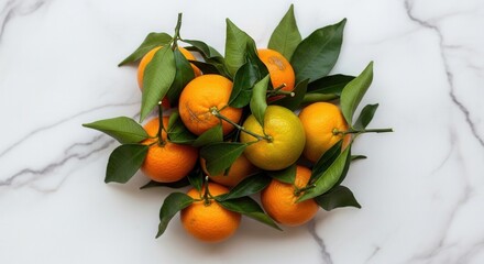 A cluster of orange and one yellow citrus fruit with green leaves and stems arranged on a white marble surface featuring faint grey patterns