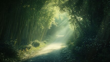 Obraz premium Sunlit path through a bamboo forest