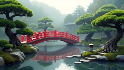 Japanese Bridge in Serene Setting &mdash; red arch over koi pond, surrounded by cherry trees and stone lanterns, ideal for oriental landscaping projects, meditative scenes, or cultural travel inspiration.