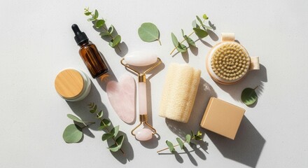 A collection of natural skincare and wellness items including a dropper bottle cream jar massage tools a loofah a body brush and a box arranged with green eucalyptus branches on a light surface
