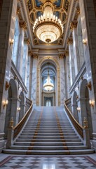 Fototapeta premium Majestic staircase in grand hall with ornate chandeliers and marble walls, showcasing luxury and architectural beauty