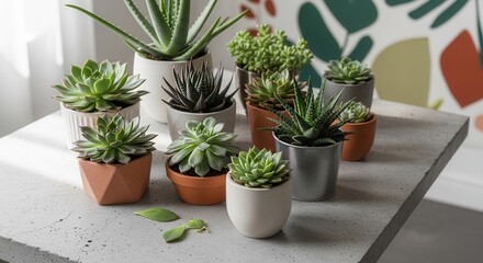 Obraz premium A collection of potted green succulents and an aloe plant sits on a light textured surface Various pots and plant types are visible against an abstract wall design