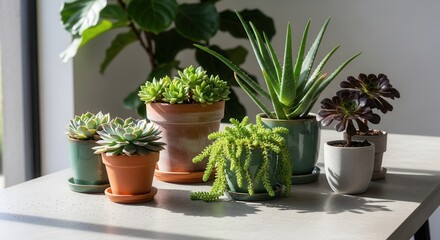 Fototapeta premium A collection of various potted succulent and aloe plants sits on a light-colored surface illuminated by natural light from a window in the background